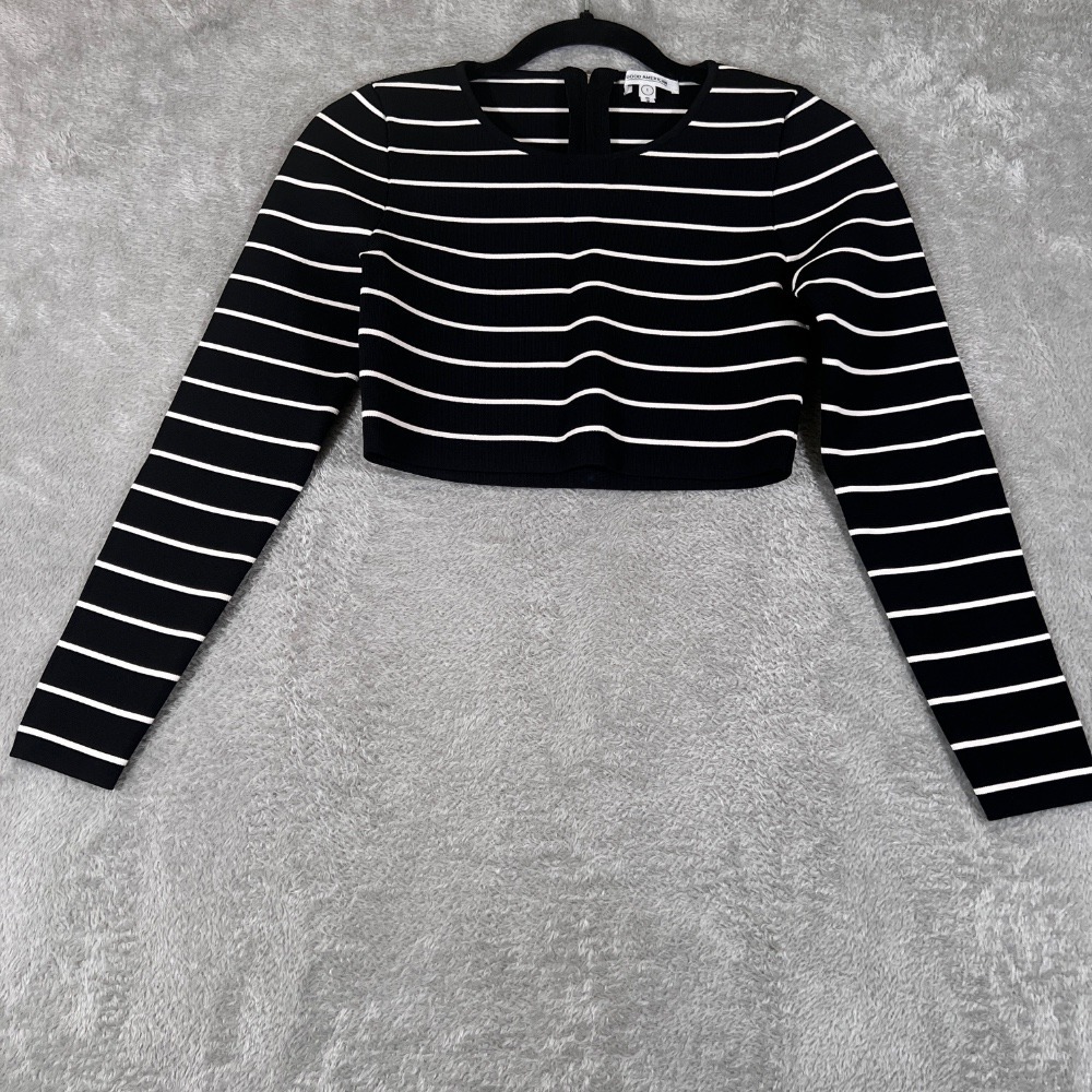Good American Crop Top Womens Black Size 1 Striped Long Sleeve Knit‎ Pullover